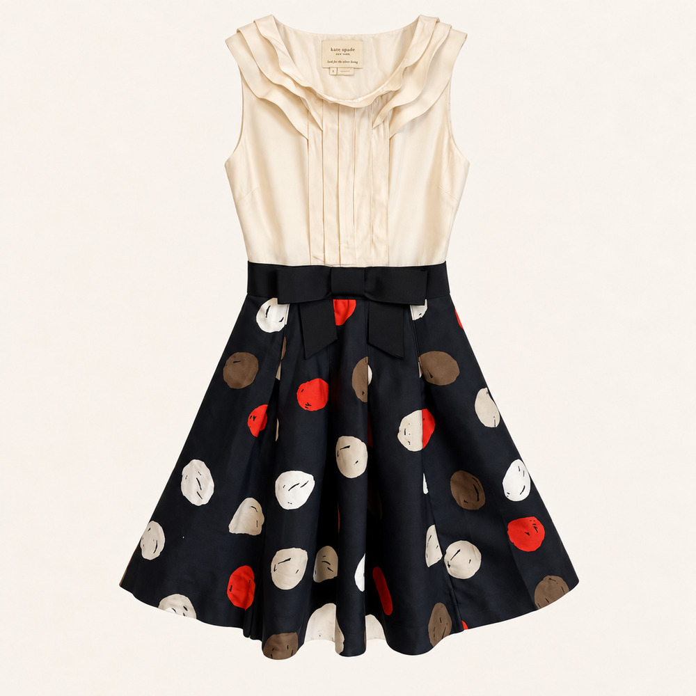 Kate Spade Silk Fit Flare Dress Polka Dot Bow Ruffle Look Silver Lining 4
